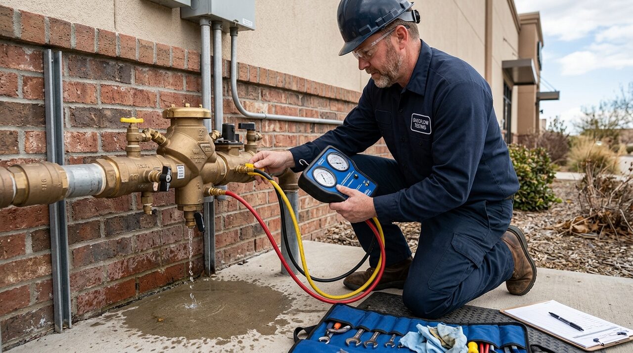 Certified plumber testing reduced pressure zone RPZ backflow preventer assembly in DeSoto TX