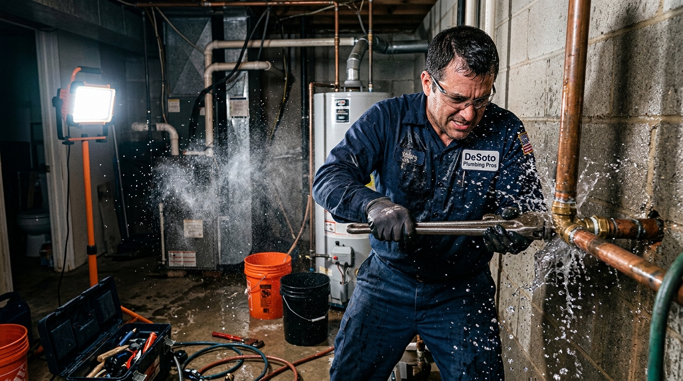 Emergency plumber fixing burst pipe in DeSoto, TX