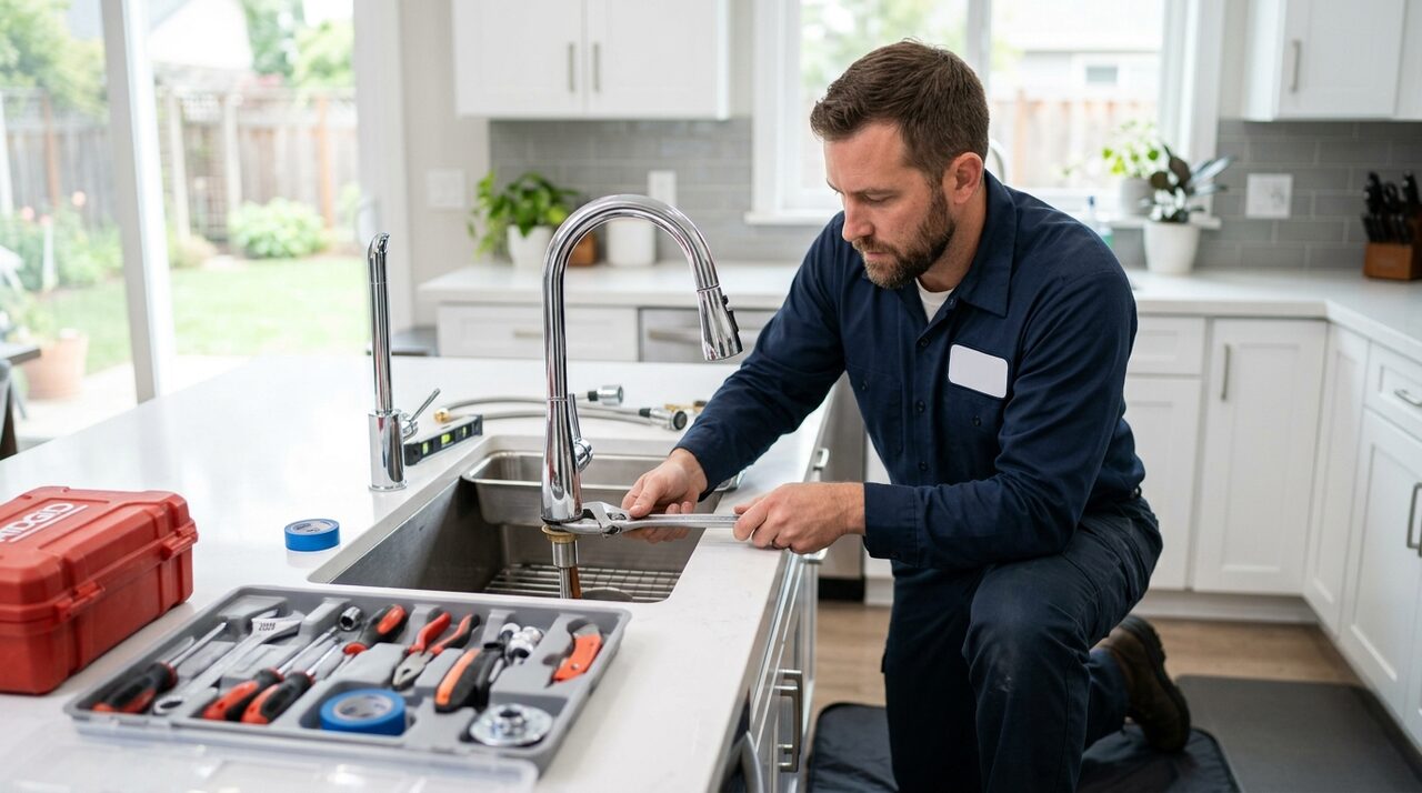 Plumber replacing ceramic cartridge on kitchen faucet in DeSoto TX home