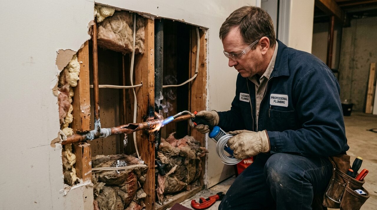 Plumber repairing split copper water pipe after winter freeze in DeSoto TX attic
