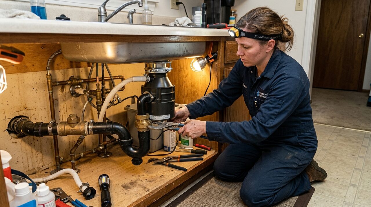 Plumber installing new stainless steel garbage disposal under kitchen sink in DeSoto TX