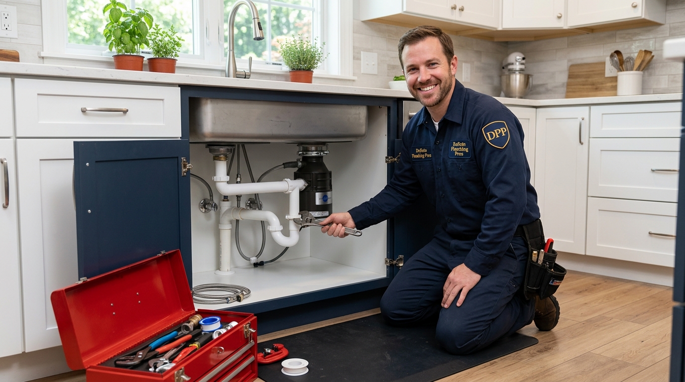 Plumber repairing kitchen sink in DeSoto, TX home