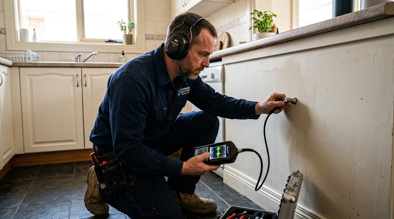 Plumber using electronic acoustic ground microphone for hidden pipe leak detection in DeSoto TX