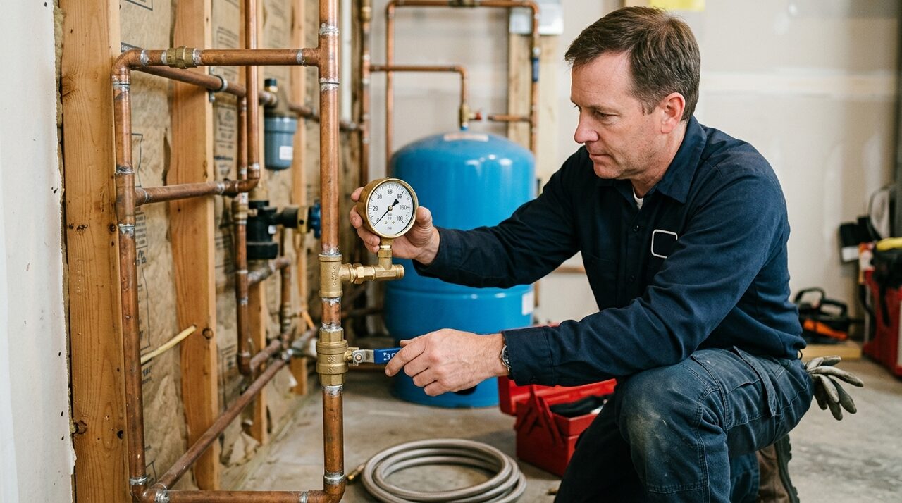 Plumber testing domestic water pressure with calibrated digital PSI gauge in DeSoto TX