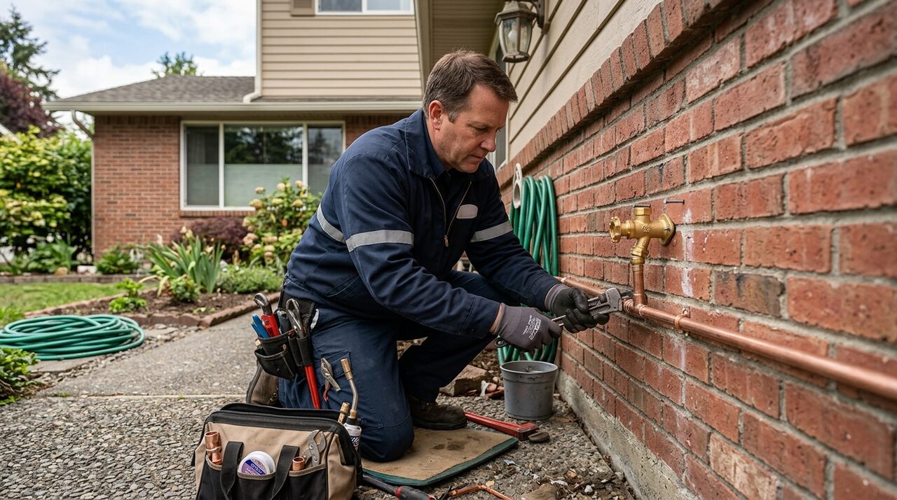 Plumber installing brass frost-proof freeze-resistant hose bib on exterior brick wall in DeSoto TX