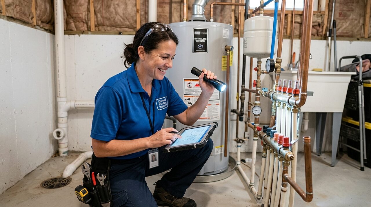 Plumber conducting whole-home annual plumbing maintenance inspection in DeSoto TX utility room