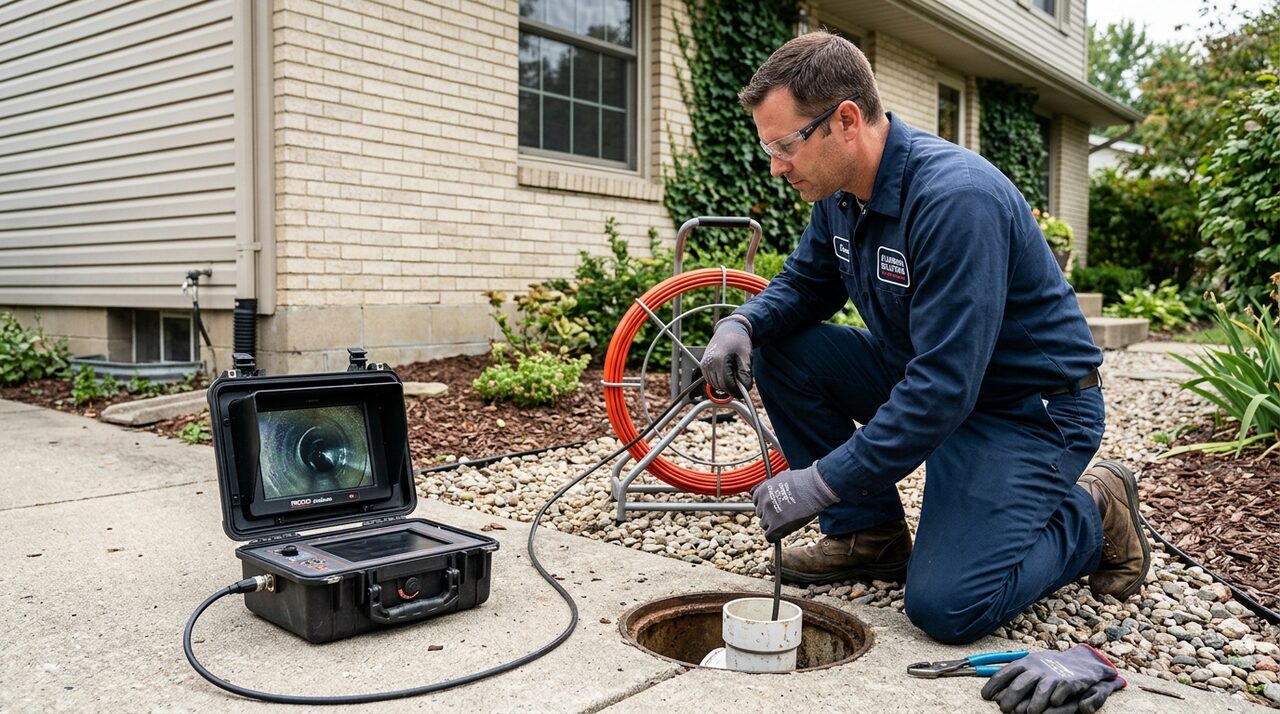 Plumber operating high-definition sewer inspection camera monitor in DeSoto TX yard
