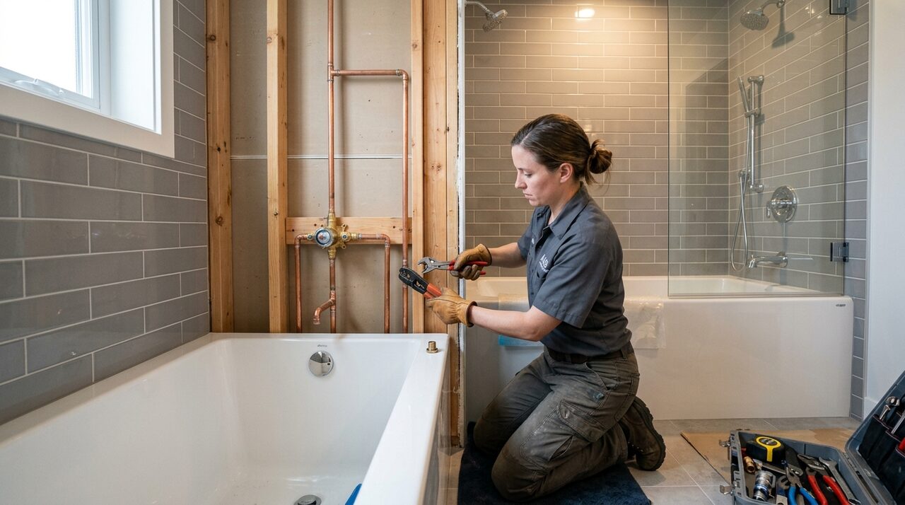 Plumber servicing shower mixing valve and diverter assembly in DeSoto TX residence