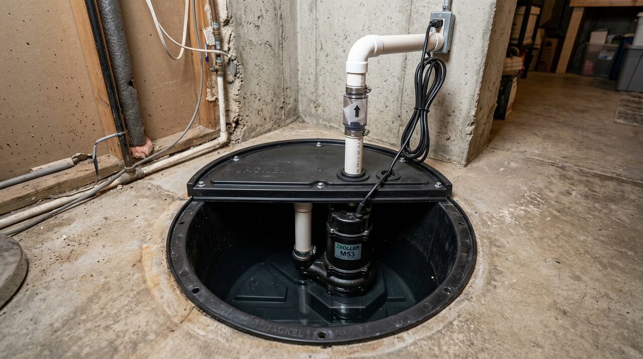 Plumber installing cast iron submersible sump pump in DeSoto TX basement pit