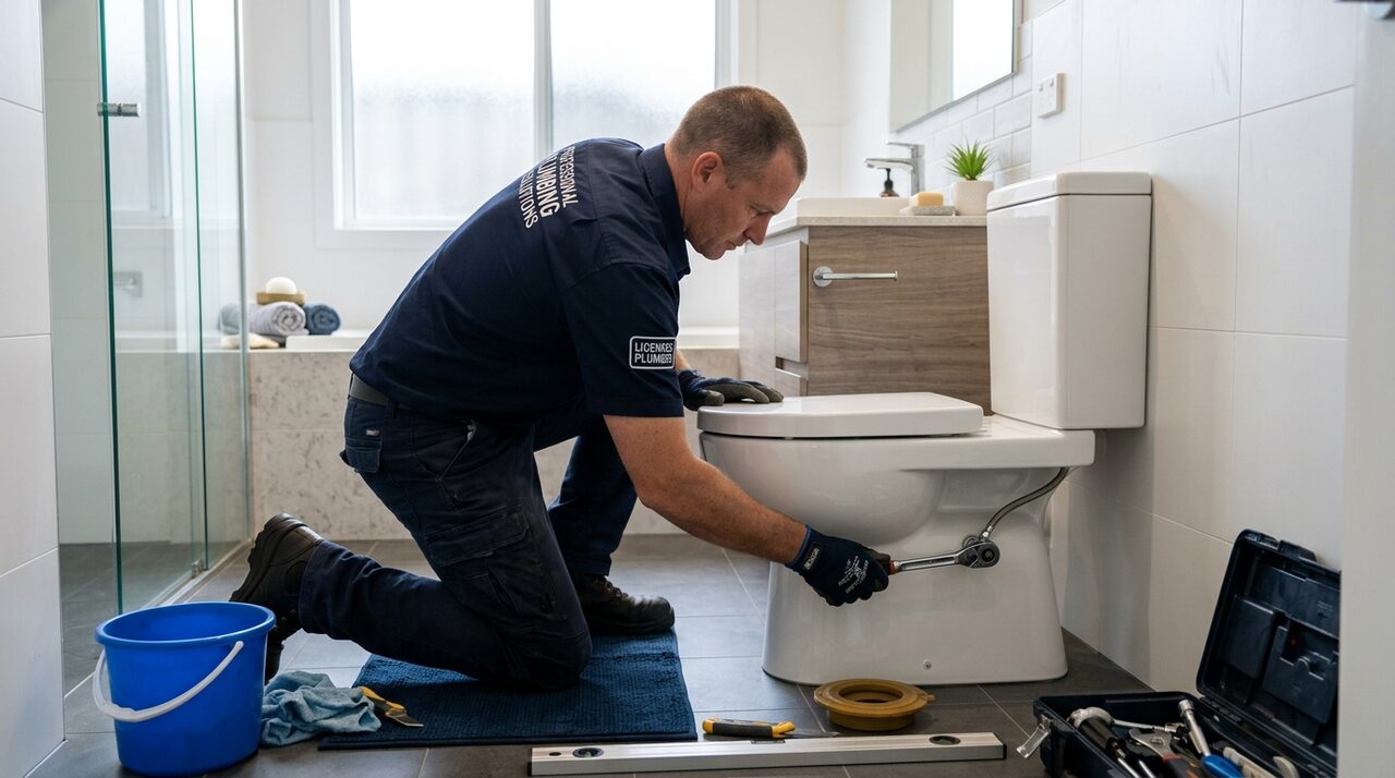Licensed plumber performing toilet repair and tank rebuild in DeSoto TX home