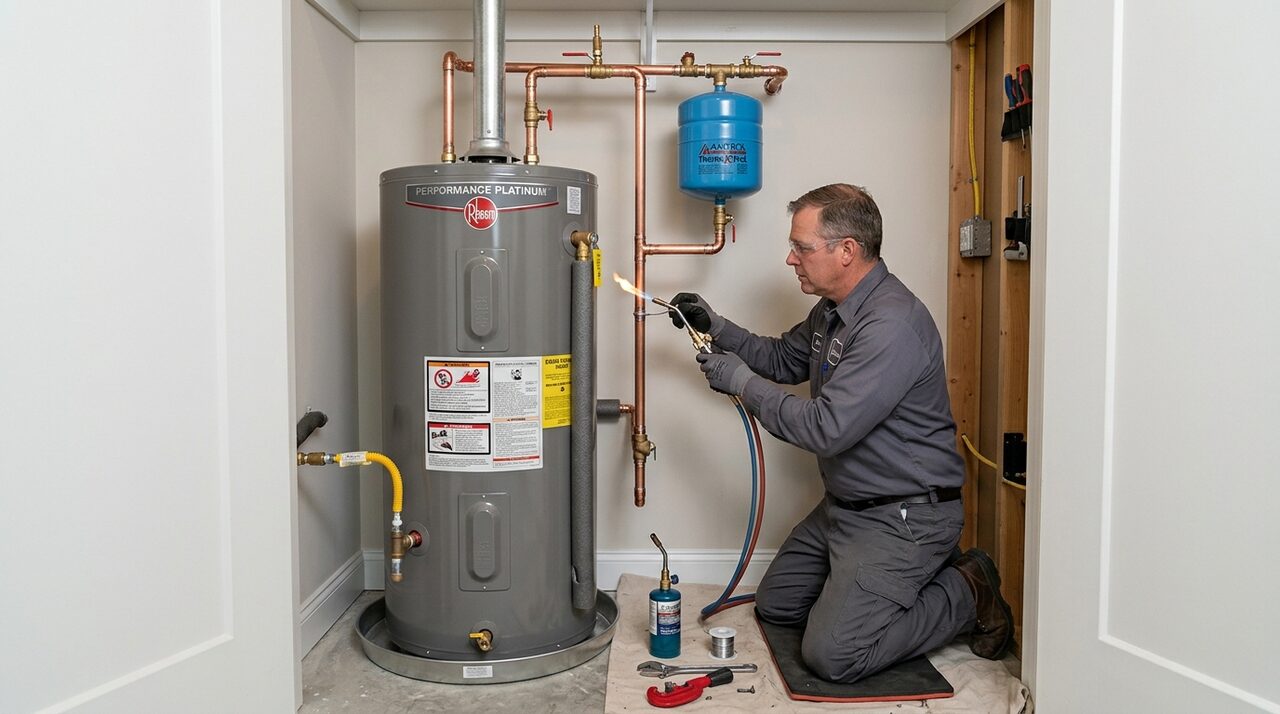 Plumber installing 50-gallon Bradford White gas water heater with expansion tank in DeSoto TX garage