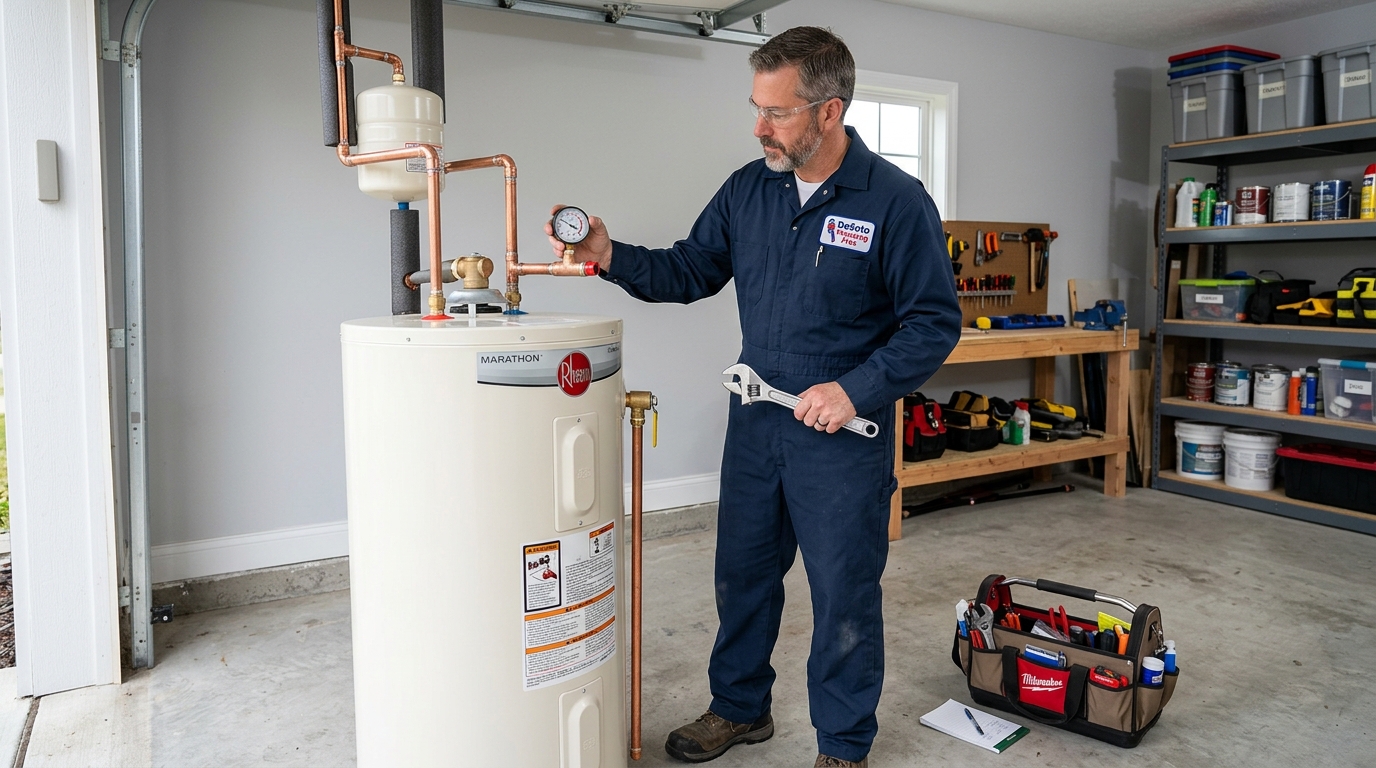 Master plumber repairing water heater in Lancaster, TX