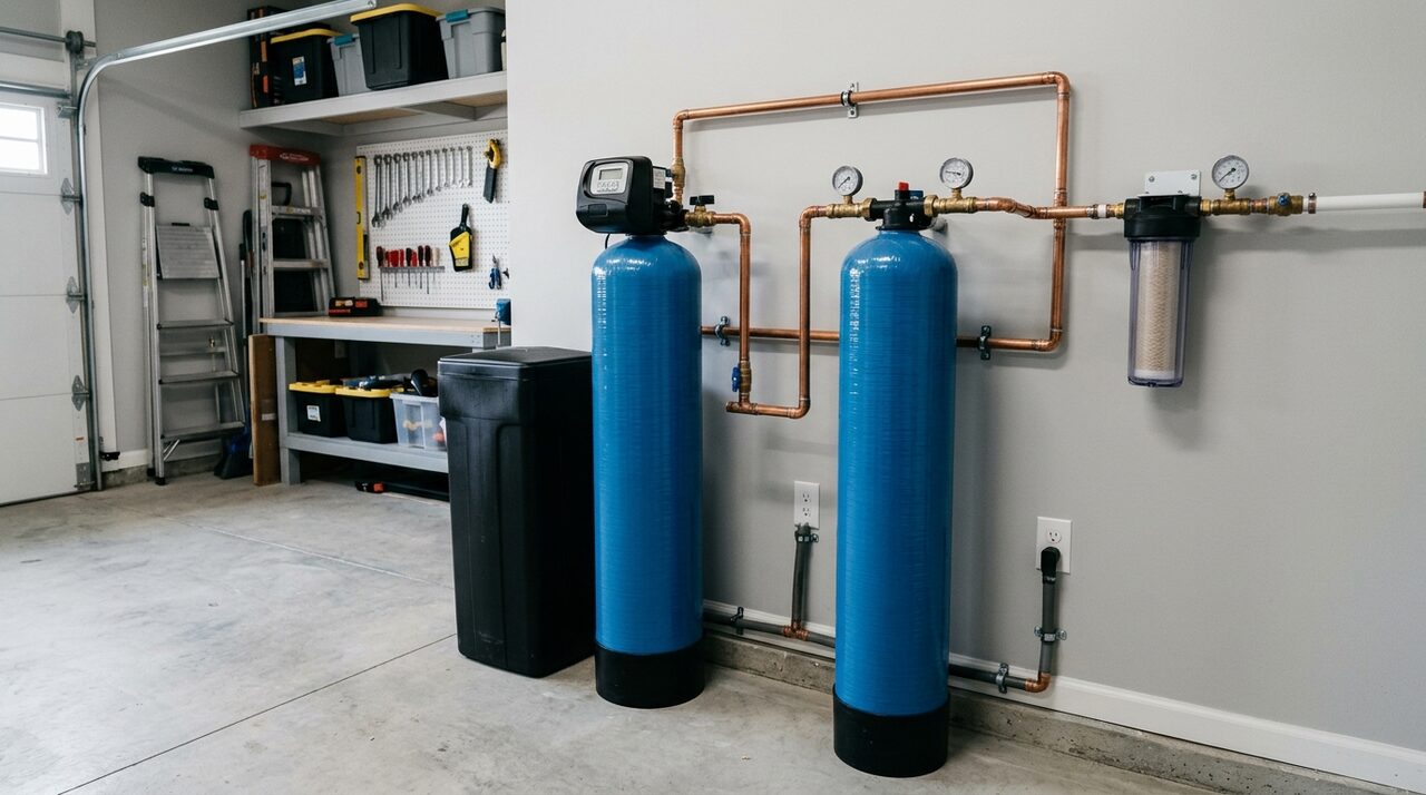 Plumber installing whole-home dual-tank water softener and carbon filter in DeSoto TX garage