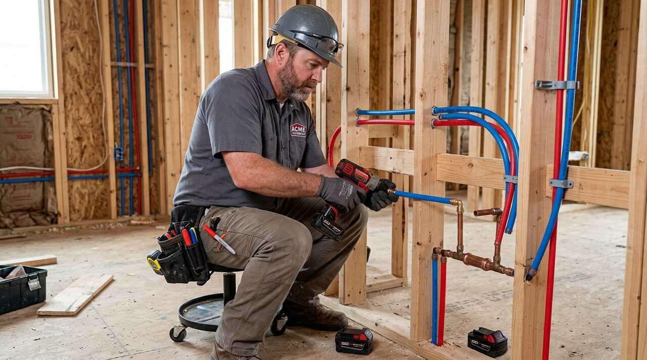 Plumbers installing red and blue PEX-a water distribution manifold during DeSoto TX repipe